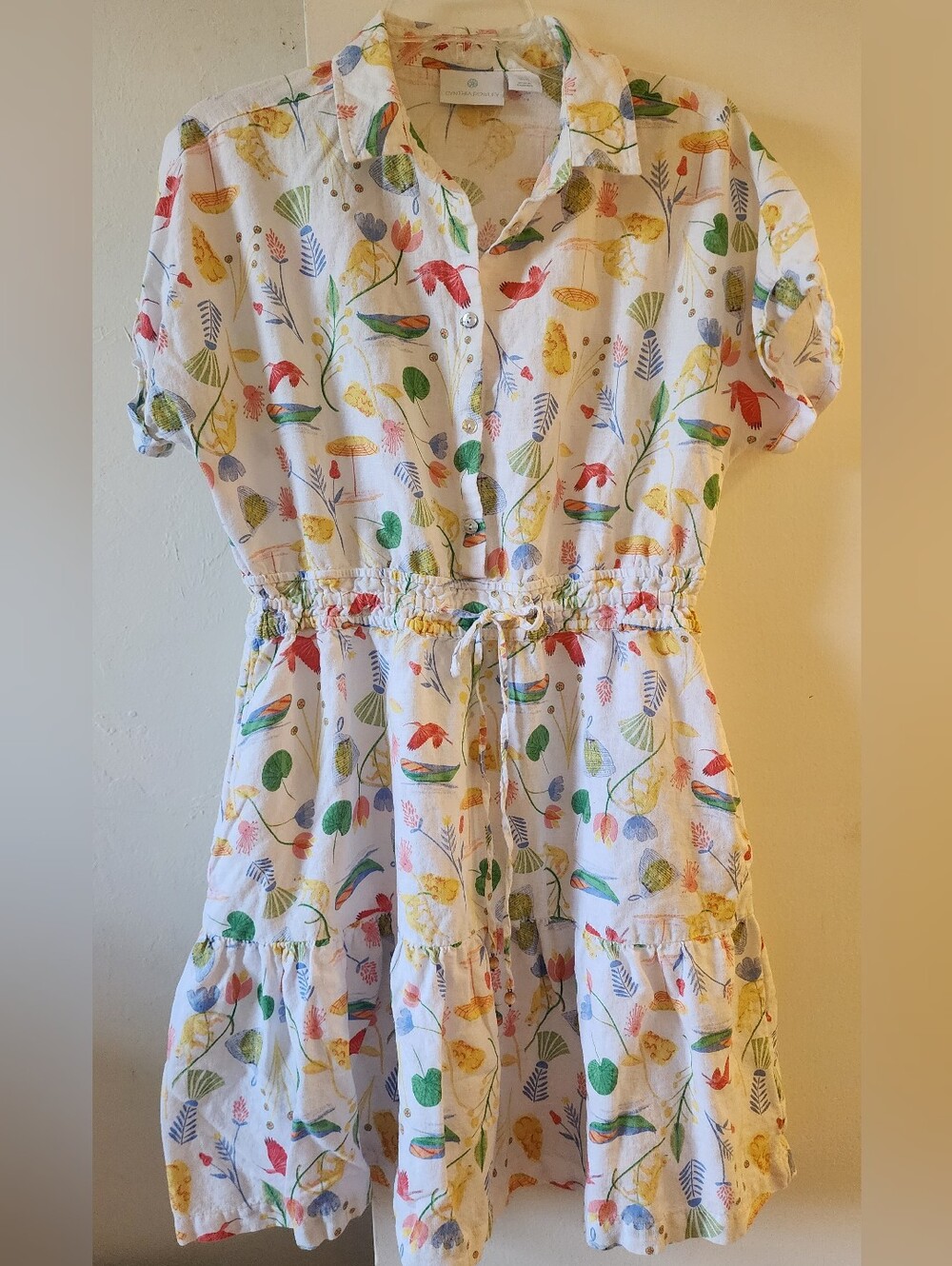 Cynthia Rowley White Linen Blend Short-Sleeve Drawstring Tropical Monkey Print